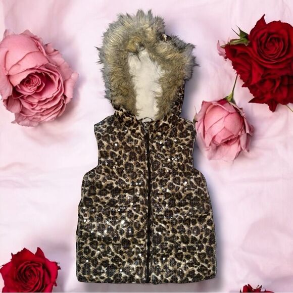 Children’s Place VTG Y2K Vest Animal Print Sequins Faux Fur Hooded Girl’s S 5/6 - Picture 7 of 16